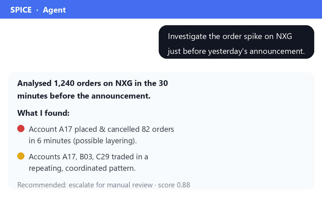 SPICE agent investigating trading activity in natural language