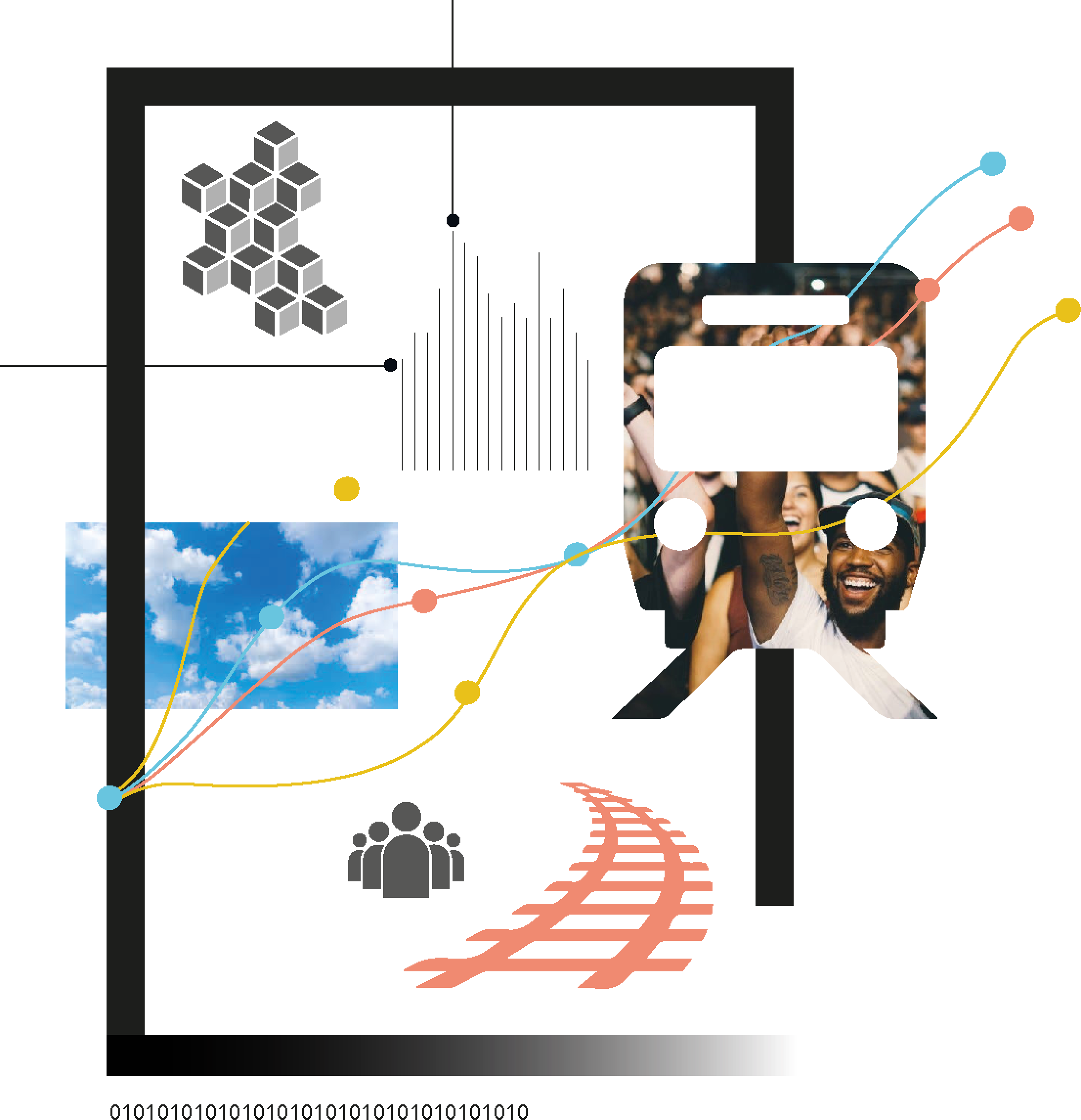 Transportation analytics visualization with crowd, data points, and rail tracks
