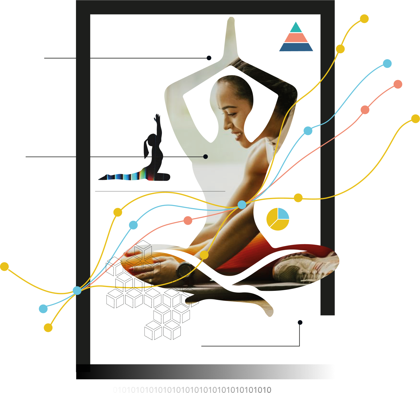 Woman in yoga pose with data visualization elements