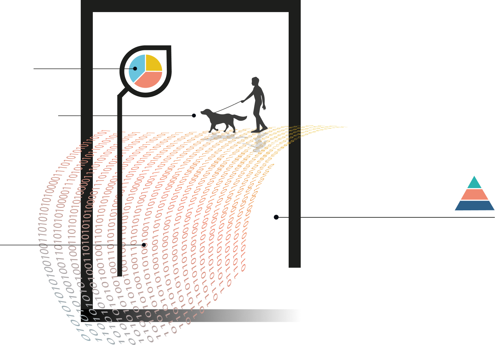 Illustration of person walking dog with data visualization overlay