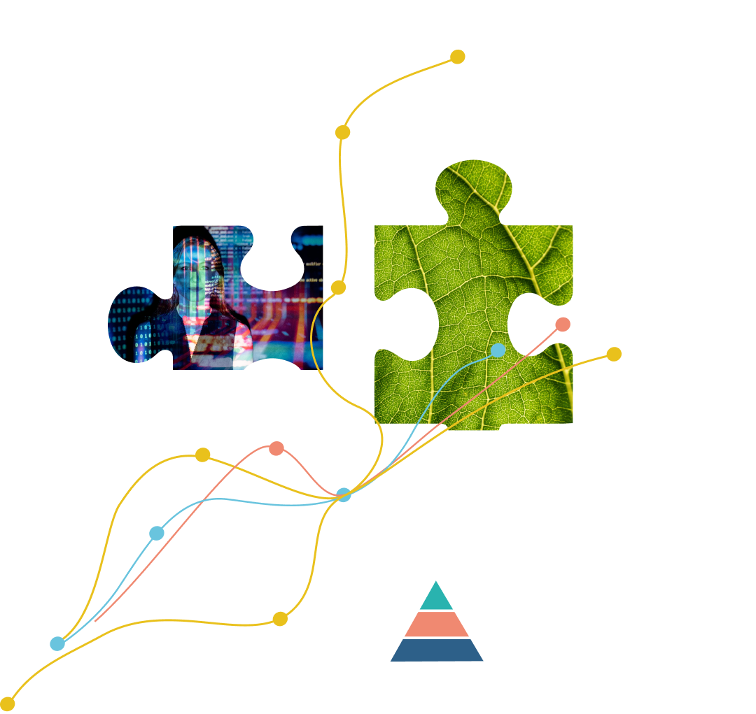 Puzzle pieces representing AI and nature, with data visualization overlay