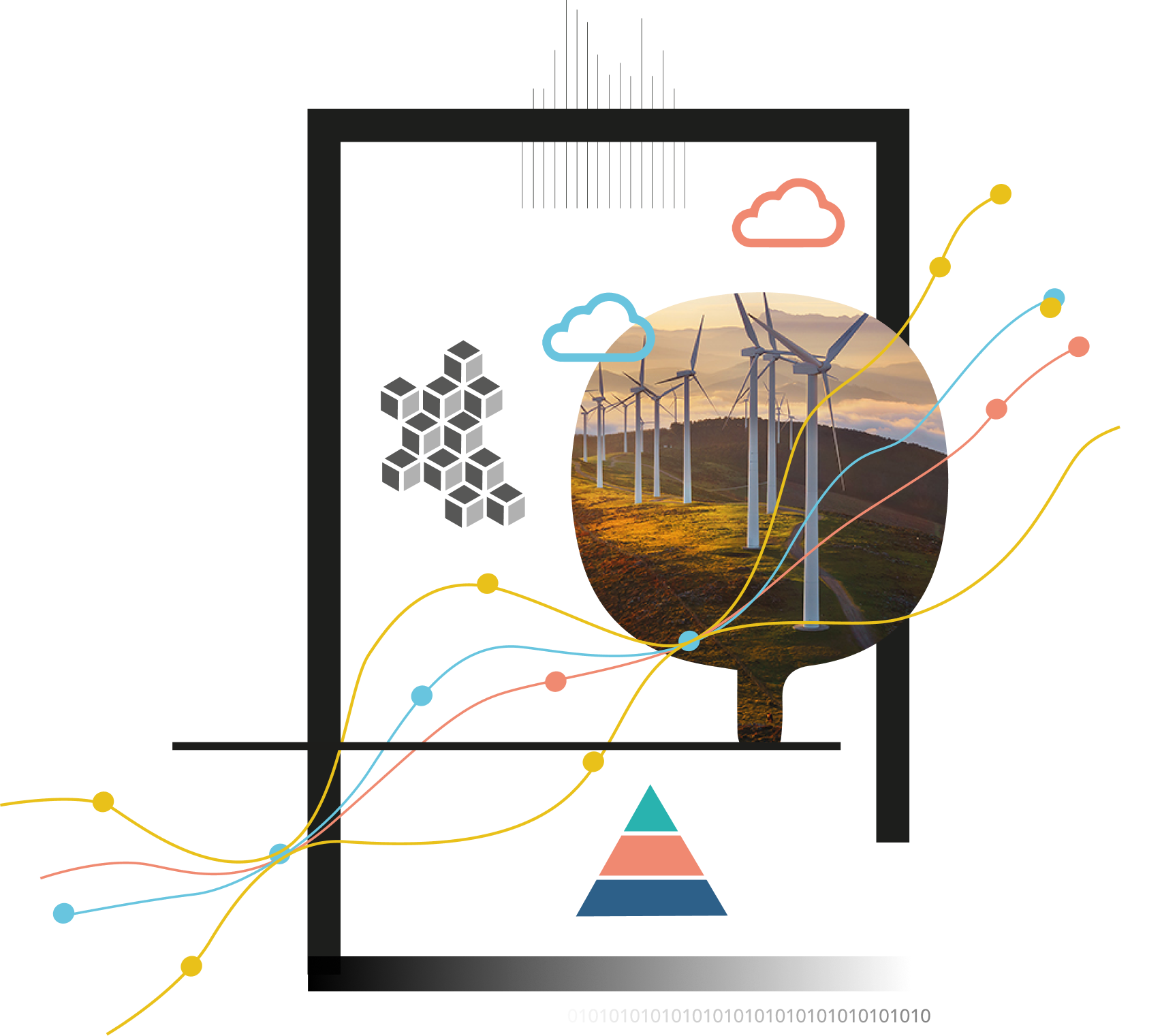 Sustainable energy concept with wind turbines and data visualization